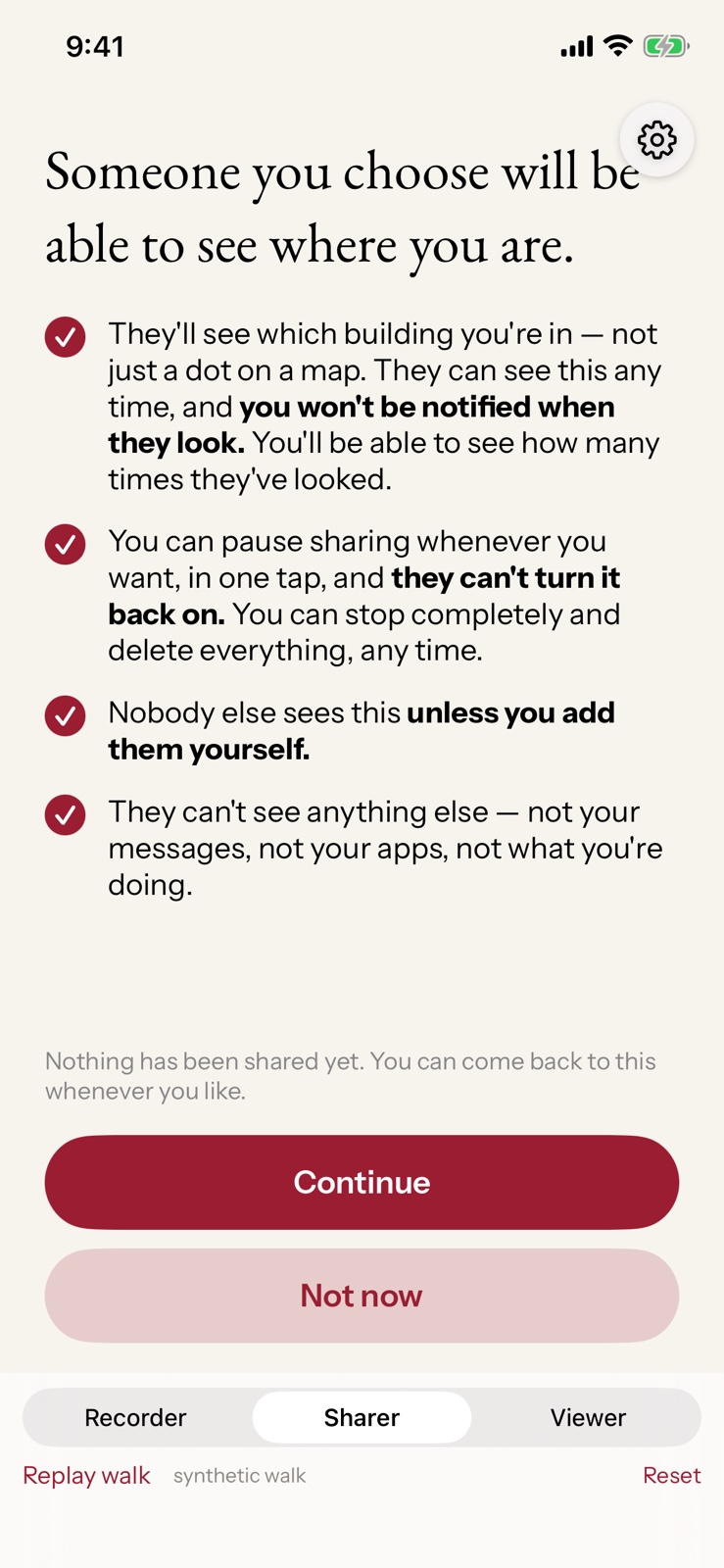 The consent screen the student sees before sharing with anyone, explaining what a viewer will and won’t see.