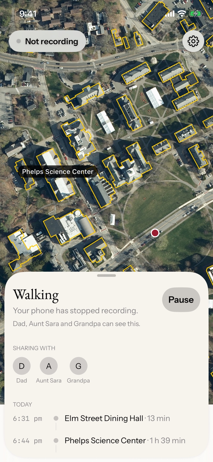 The student’s own screen: the same map, a Pause button, and the people who can see them.