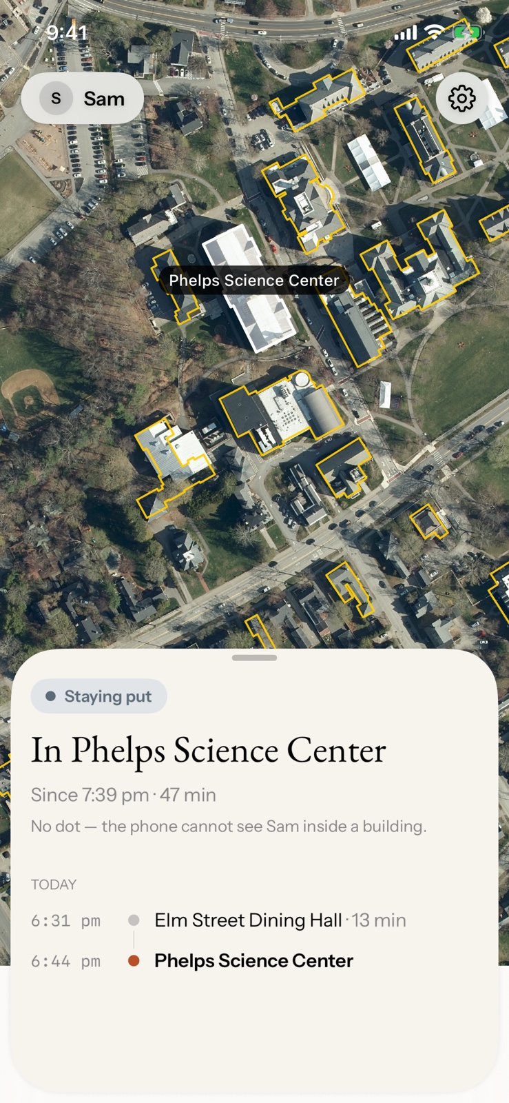 The viewer’s screen: a campus map with the buildings outlined, and a card reading “In Phelps Science Center · 47 min”.