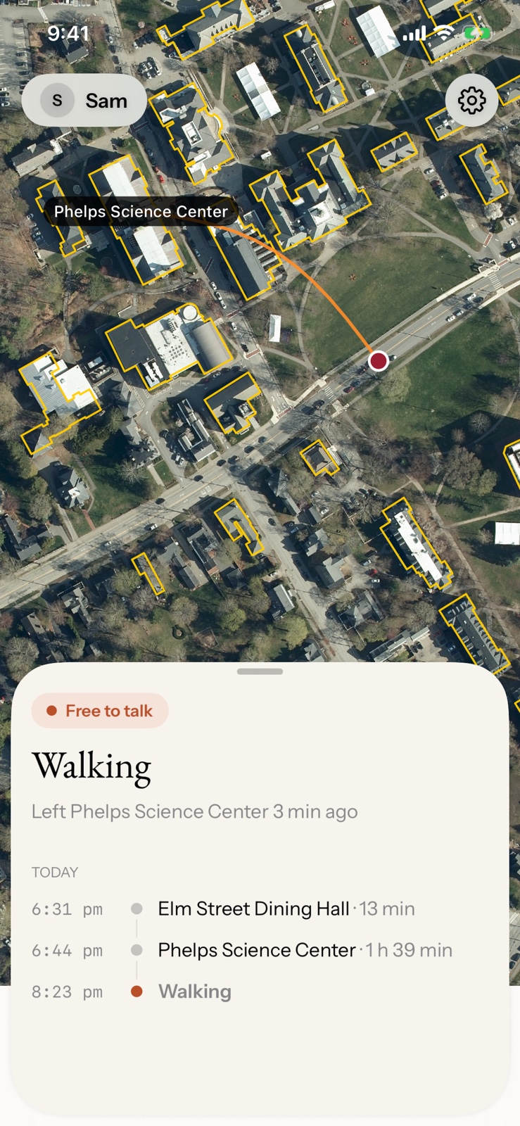 The viewer’s screen while the student is walking: a dot moving across the quad and “Walking” on the card.